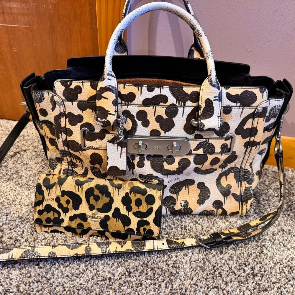 Coach Tan and Black Animal Print Satchel with Wallet